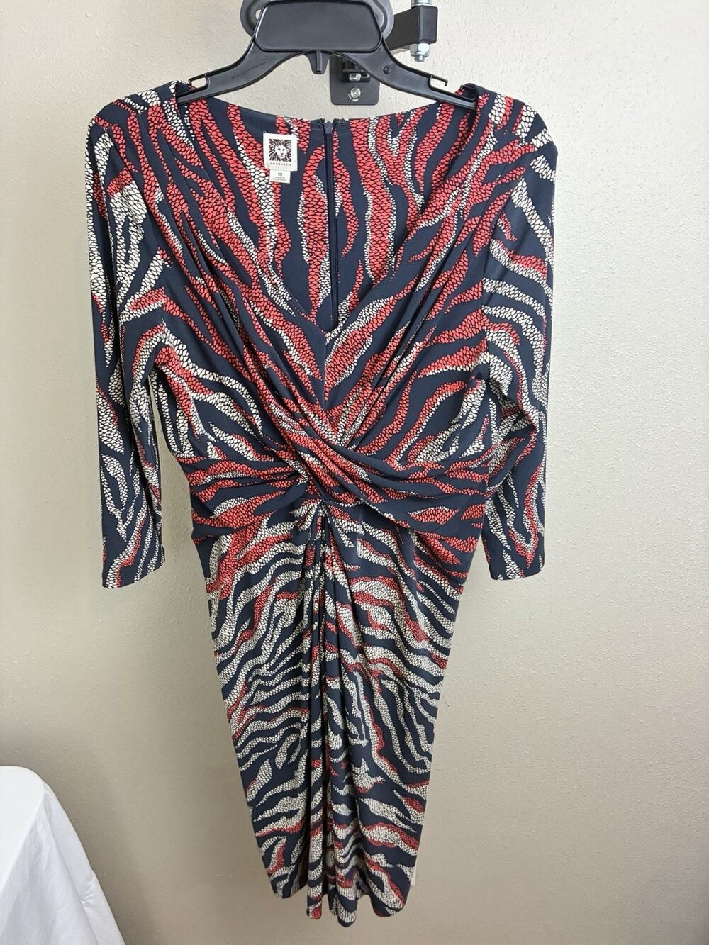 Anne Klein Dress Womens 10 Multi Animal Ruched Sheath 3/4 Sleeve Knee Length